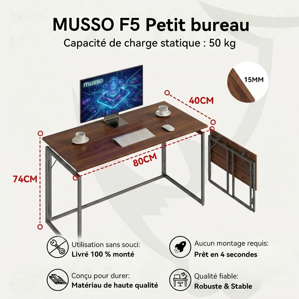 MUSSO F5 Bureau Pliable 80 x 40 cm, sans Montage, Marron