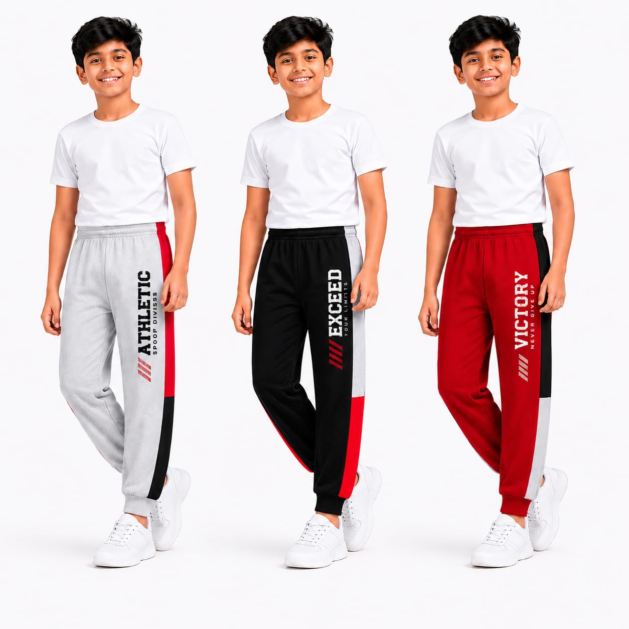 Boys Jogger Track Pants, Pack of 3, Grey, Black and Red, Graphic Print, Athletic Sports Style-image-28