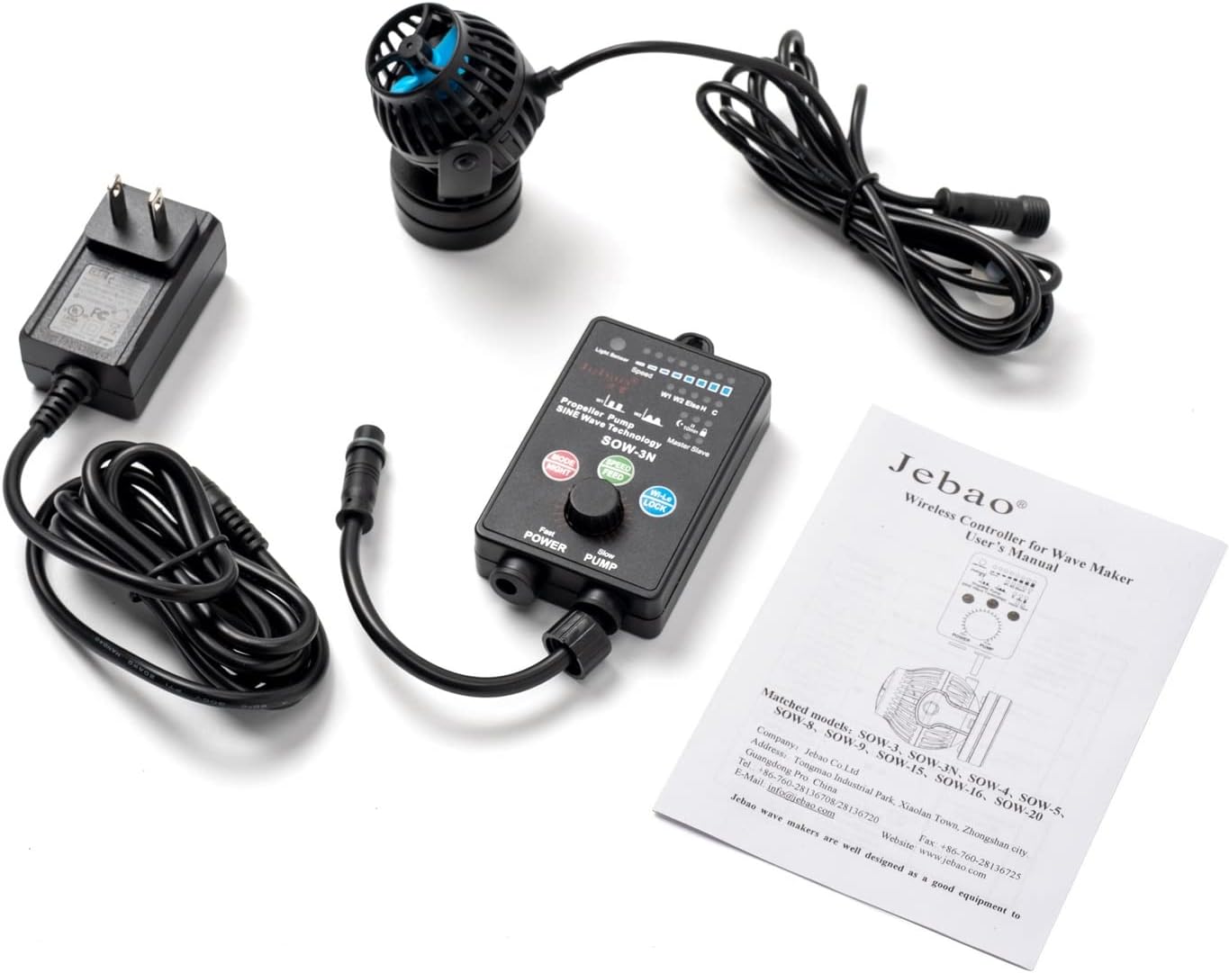 All components of the Jebao SOW-3N Wave Maker Flow Pump, including the pump, controller, AC adapter, and user manual.