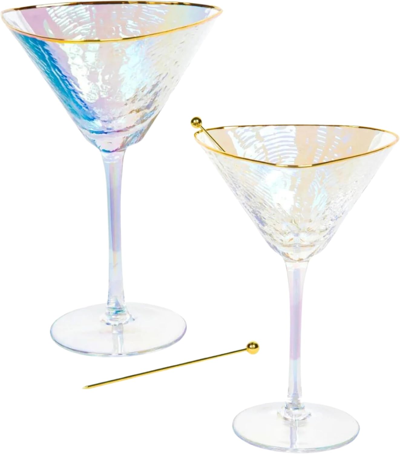 Sisterly Drinkware Iridescent Hammered Martini Glasses Set of 2 – Handmade Gold Rim Cocktail Glasses with 2 Gold-Plated Picks & 2 Coasters – 8 oz Elegant Barware for Martinis, Cocktails & Mocktails