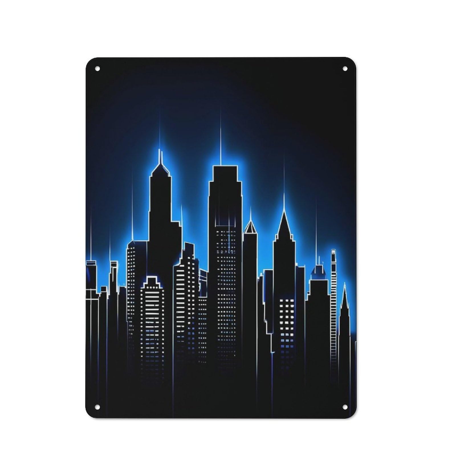Urban Neon Cityscape Silhouette Decorative Metal Plaque 40x30cm, Urban Room Decor for Flat, Bar, Studio Or Gallery Wall