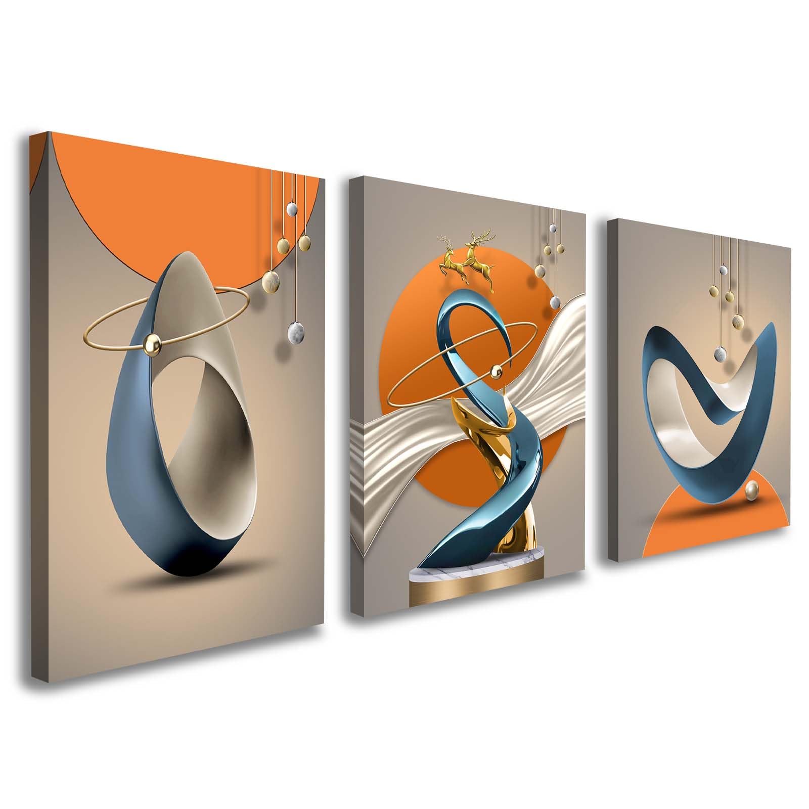 Set of 3 Canvas Wall Art, Modern Abstract Geometric Artwork for Living Room, Luxury Blue Gold and Orange Wall Decoration for Bedroom, Hallway or Staircase with Hooks and Magic Tape, 12x16 Inch