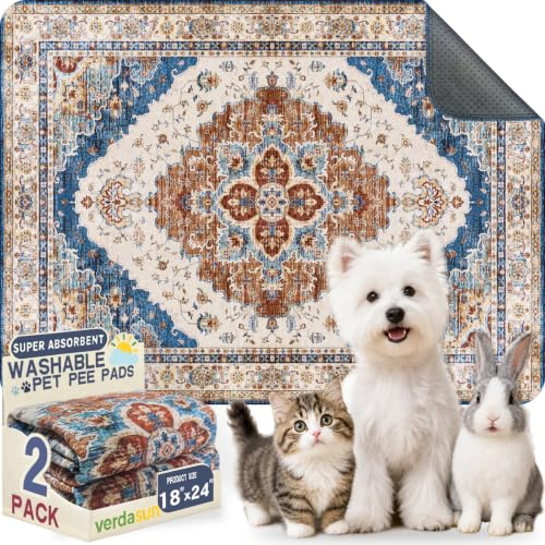 Image of Washable Pee Pads for Dogs, Reusable Puppy Potty Training Pads, Ultra-Absorbent Thick Waterproof Leak-Proof Non-Slip Pads & Mat for Crate, Playpen, Floor, Whelping & Housebreaking , 2 Pack 18 inchx24 inch