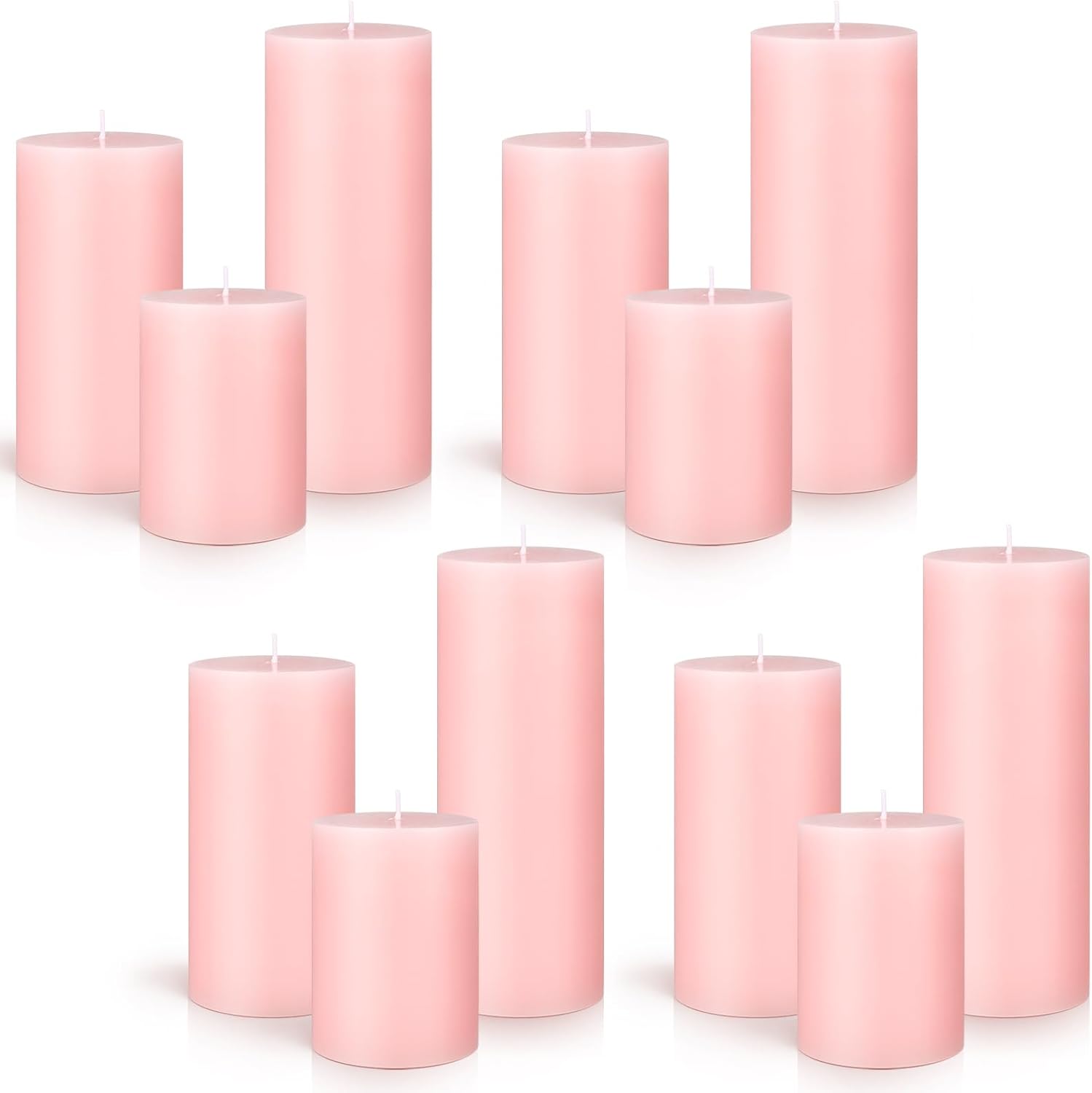 Sumind Set of 12 Poured Pillar Candles 3"x 4", 6", 8" Dripless Unscented Long Clean Burning Rustic Country Style for Wedding, Christmas, Home Decor, Relaxation, All Occasions(Pink)