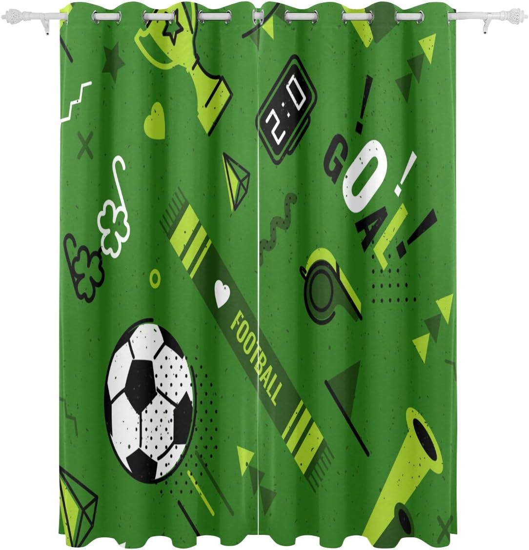 jeansame Blackout Window Curtain Thermal Insulated Grommet Eyelet Curtains Football Soccer Green Window Treatment Set Drapes, Width 55inch/140cm, Height 84inch/213cm, 2 panels