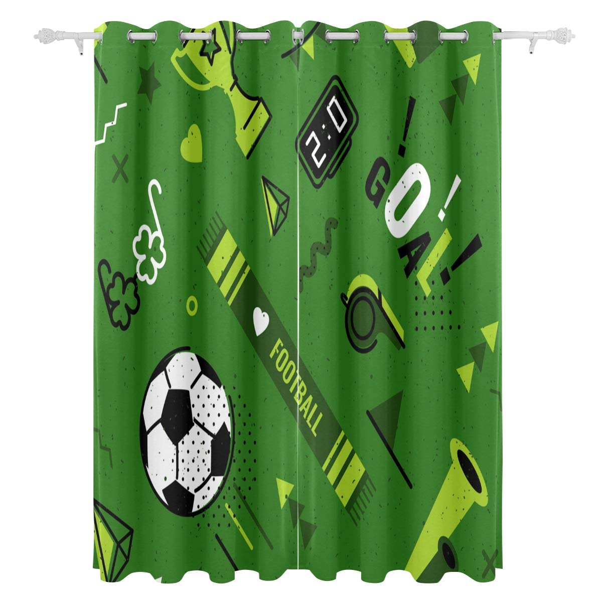 jeansame Blackout Window Curtain Thermal Insulated Grommet Eyelet Curtains Football Soccer Green Window Treatment Set Drapes, Width 55inch/140cm, Height 84inch/213cm, 2 panels