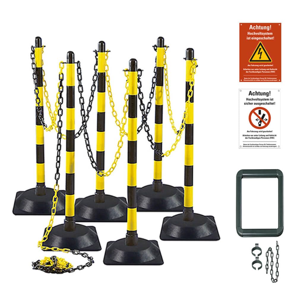 Kettenpfostenset für Arbeiten an Hochvolt-Systemen, mit Halter und Warnschildern, Art.-Nr. 610079 | Kettenpfosten | Absperrpfosten | Absperrkette