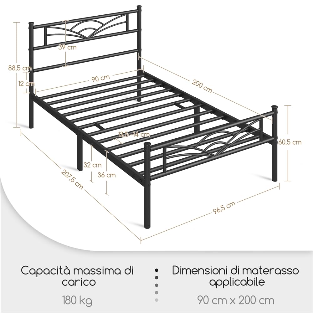 Yaheetech Set di 2 Struttura Letto Singolo in Ferro con Spazio Aggiuntivo Testiera a Forma di Nuvole Camera da Letto Ospiti Soggiorno Nero 90 x 200 cm