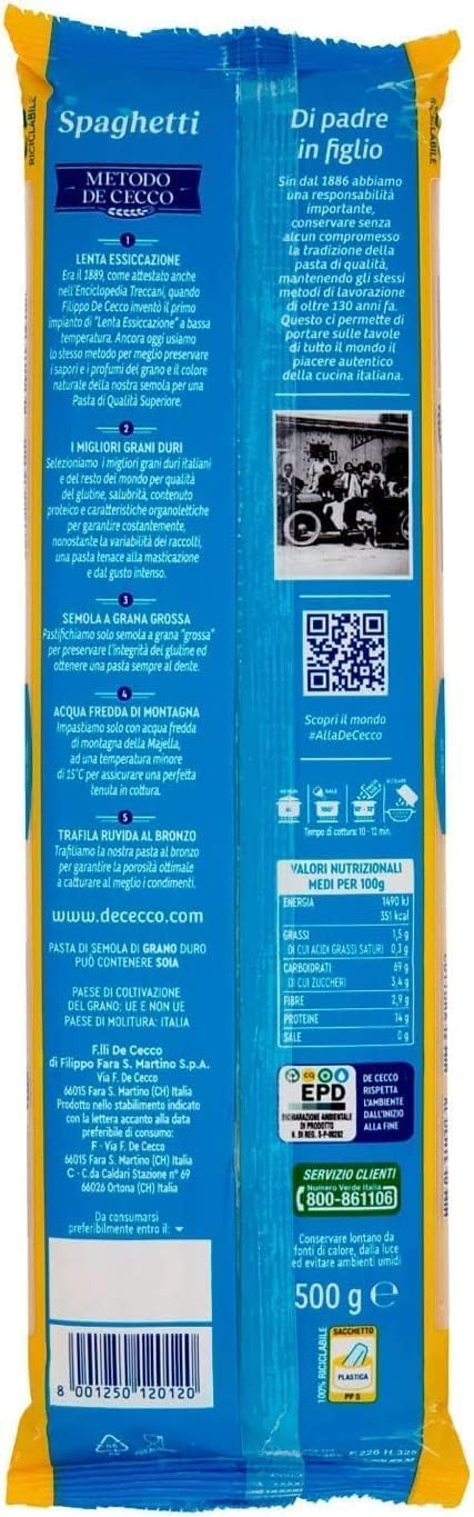 De Cecco Spaghetti n°12, pasta de trigo duro 24 x 500 g - trefilado de bronce, secado lento ~18 h, textura rugosa - cocción 12 min (al diente 10 min) - Fabricado en Italia + Italian Gourmet Polpa 400