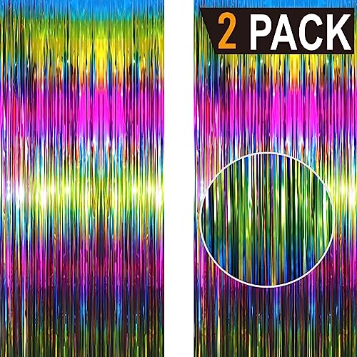 Image of GOER 6.4 ft x 8.2 ft Metallic Tinsel Foil Fringe Curtains Party Photo Backdrop Party Streamers for Birthday,Graduation,New Year Eve Decorations Wedding Decor(2 Packs,Macaroon Rainbow)