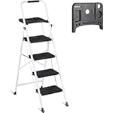 Smartxchoices 4 Step Ladder with Tool Tray, Folding Step Stool with Wide Anti-Slip Pedal and Handgrip, Heavy Duty Steel Step Ladder for Home Kitchen Office Shop, 330 lbs Load Capacity, White