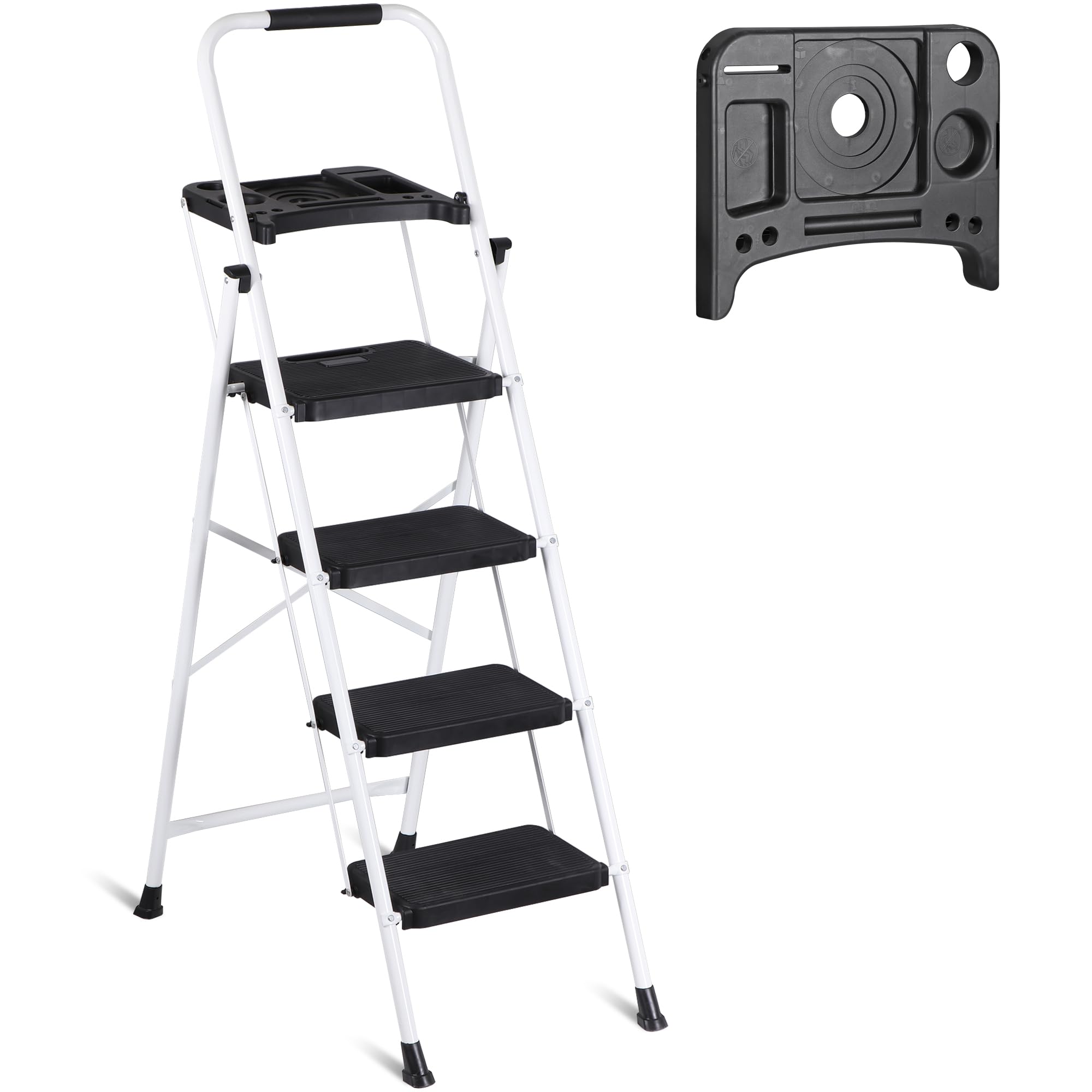 Escalera de 4 peldaños con bandeja de herramientas, taburete plegable con pedal antideslizante ancho y asa, escalera de acero resistente para el hogar, cocina, oficina, tienda, capacidad