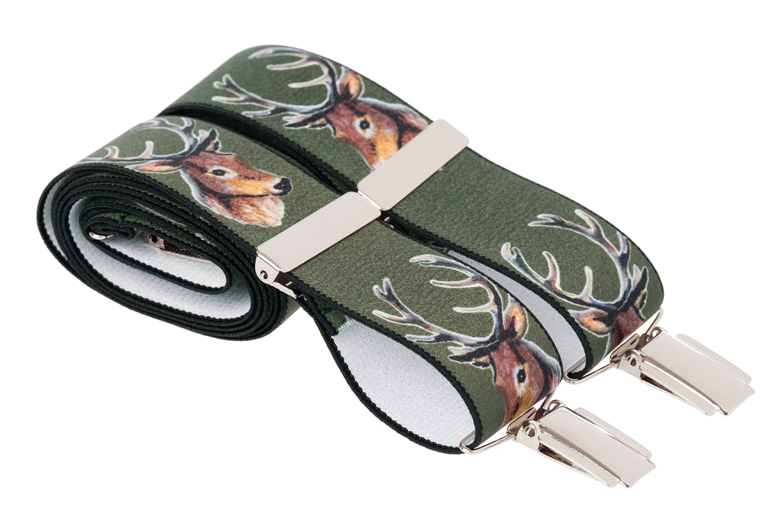 Gs Braces Men's Green Stag Design Xl Green Country Stag Design Trouser Braces X 35Mm Wide Clip On 48 Inch Extra Long