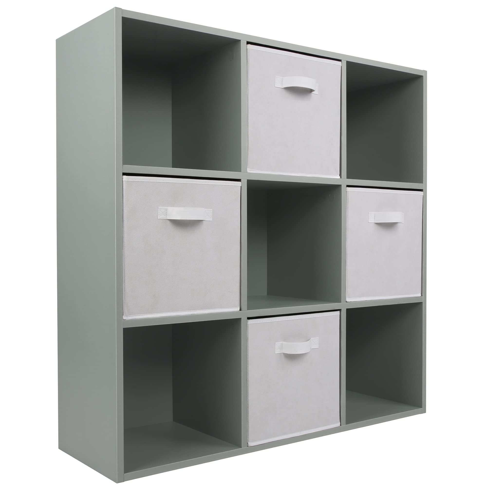 Charles Jacobs Grey 9 Cube Storage Shelving Unit + 4 White Fabric Drawers