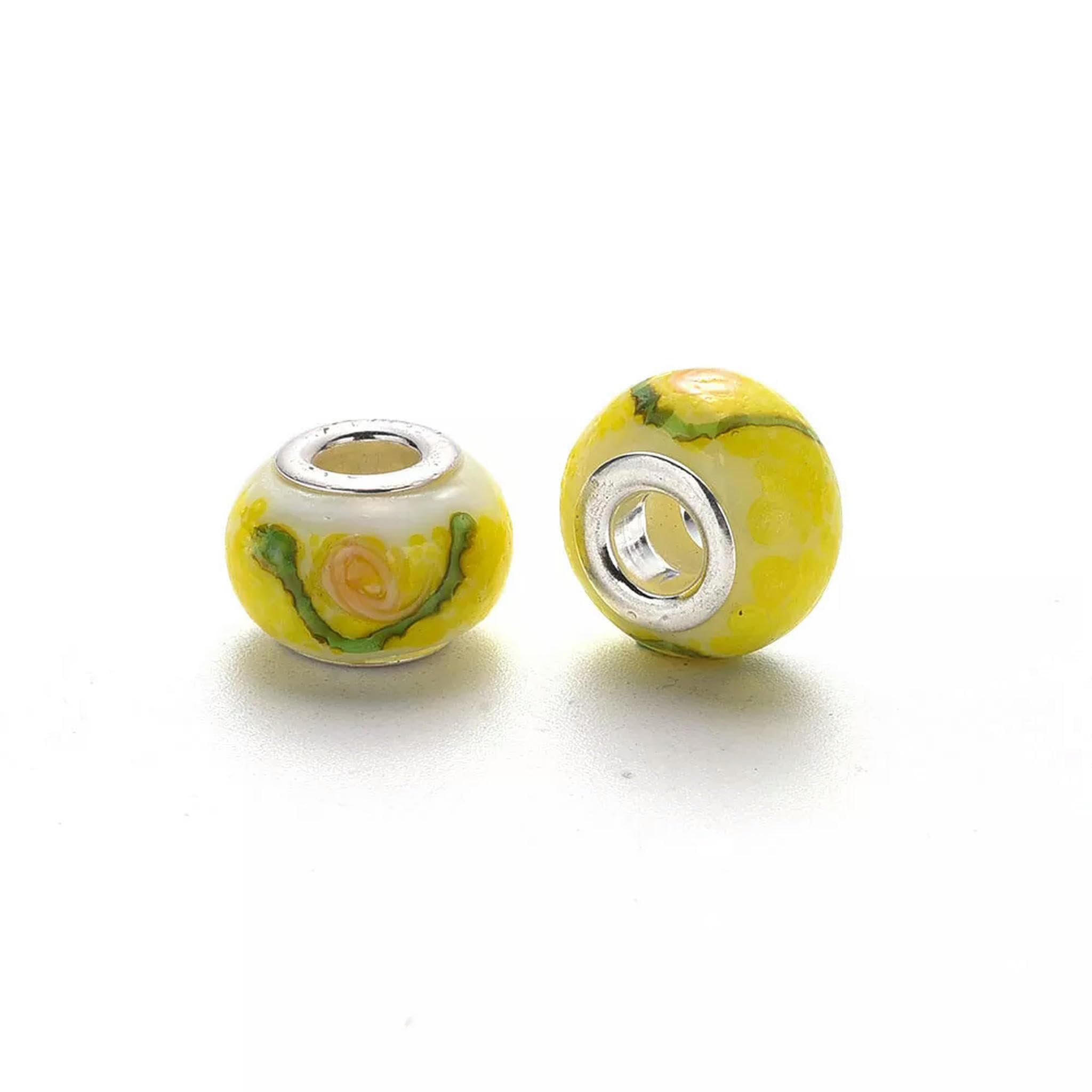 Perles à gros trous, Lot de 100 perles rondes artisanales en verre soufflé européen à gros trous, 14-16 x 9-10 mm