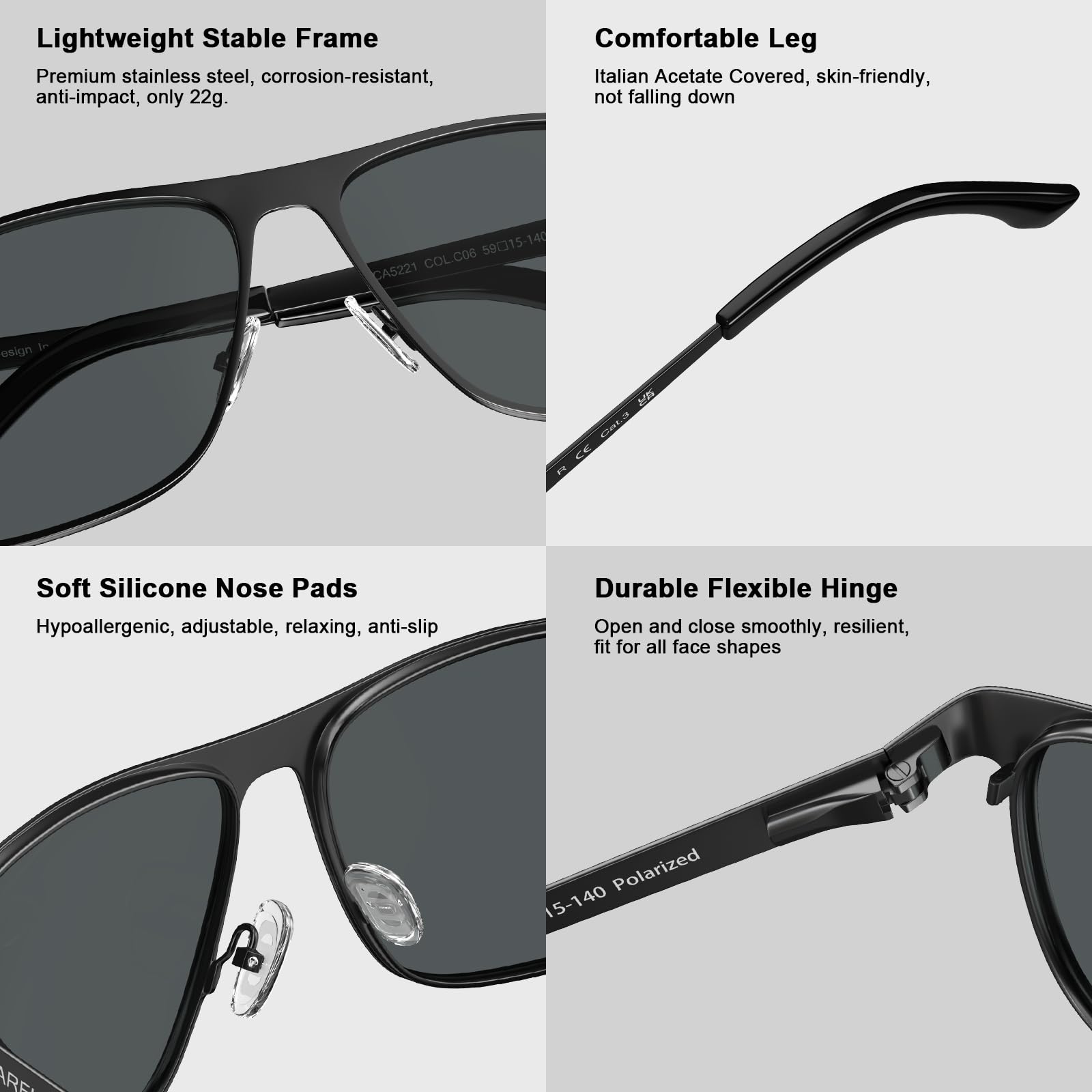 CARFIA Eleganckie Okulary Przeciwsłoneczne dla Mężczyzn Okulary Polaryzacyjne UV400 Okulary do Jazdy Samochodem z Metalową Oprawką Cat.3