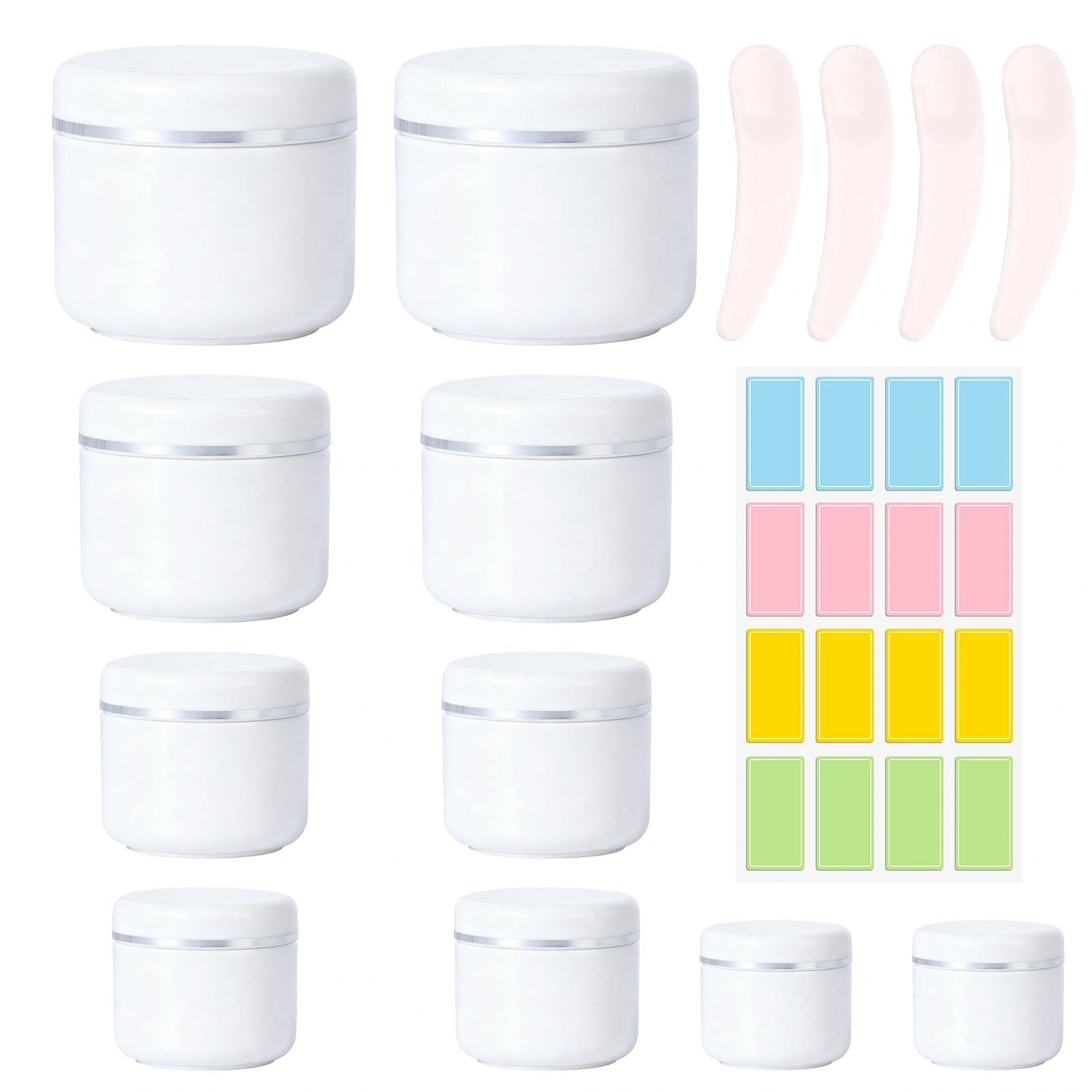 Evthur White 10 Pcs Cosmetic Sample Jars, 10/20/30/50/100Ml Refillable Travel Pots For Toiletries, Empty Plastic Travels Containers With Lids, Includes 4 Spatulas And 160 Labels,Plastic Travel Containers