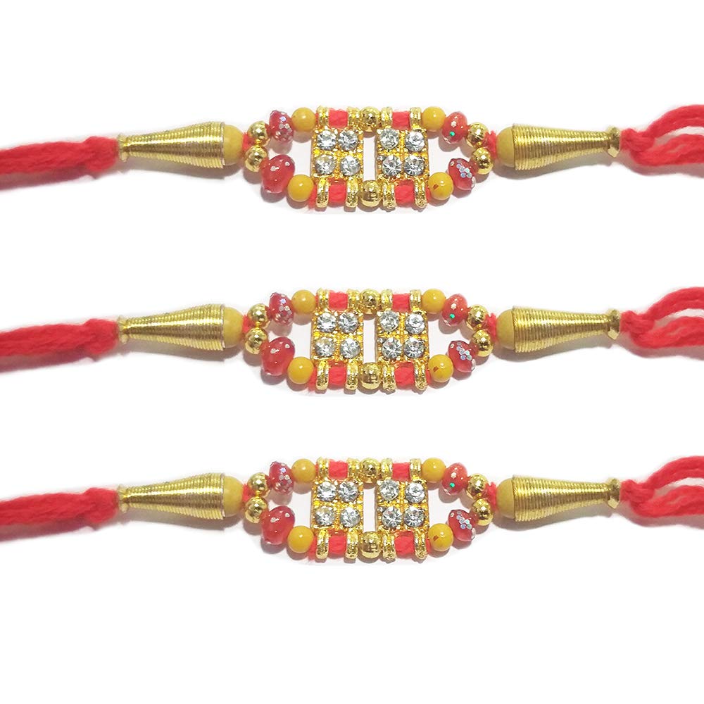 WhopperIndiaSet of 3 Hindu 8 Diamond Traditional Rakshabandhan Rakhee Bracelet Color and Design May Vary Multi Design Assorted colors