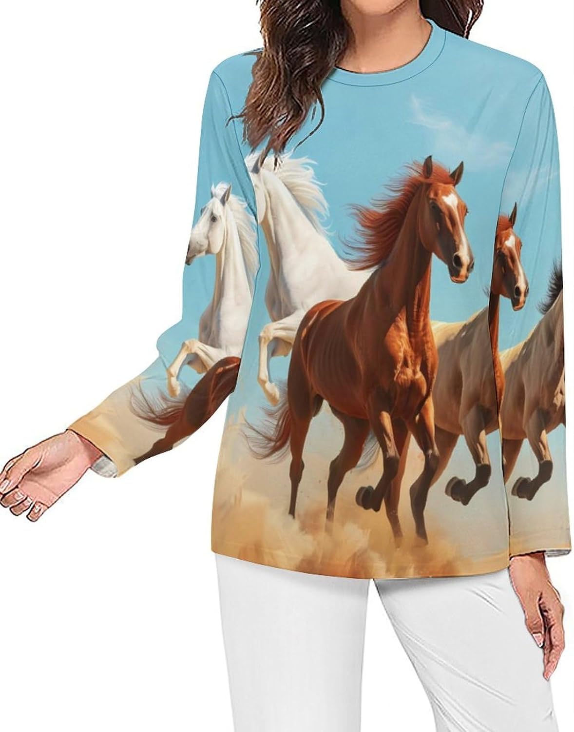 Running Horse Women's Pajama Top Sleepwear Pajamas Sleep T-Shirt Long Sleeve Shirt Crewneck Tee