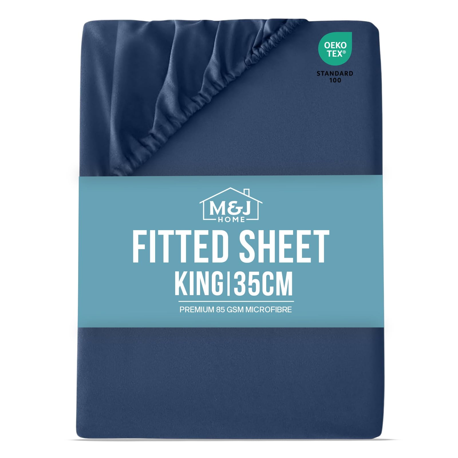 M&J Home King Bed Fitted Sheet Navy - Deep Pocket 35cm - 85GSM Microfibre - Easy Care Machine Washable - OEKO-TEX Certified