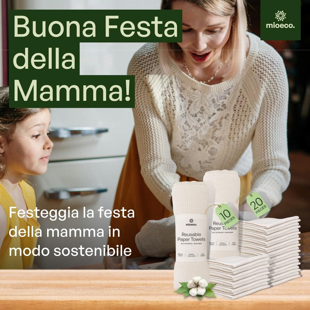 Mioeco Set da 20 Panni Cucina Riutilizzabili – Panno Spugna Lavabile in Cotone Biologico – Alternativa Eco ai Canovacci in Spugna – Super Assorbente, Resistente e Sostenibile