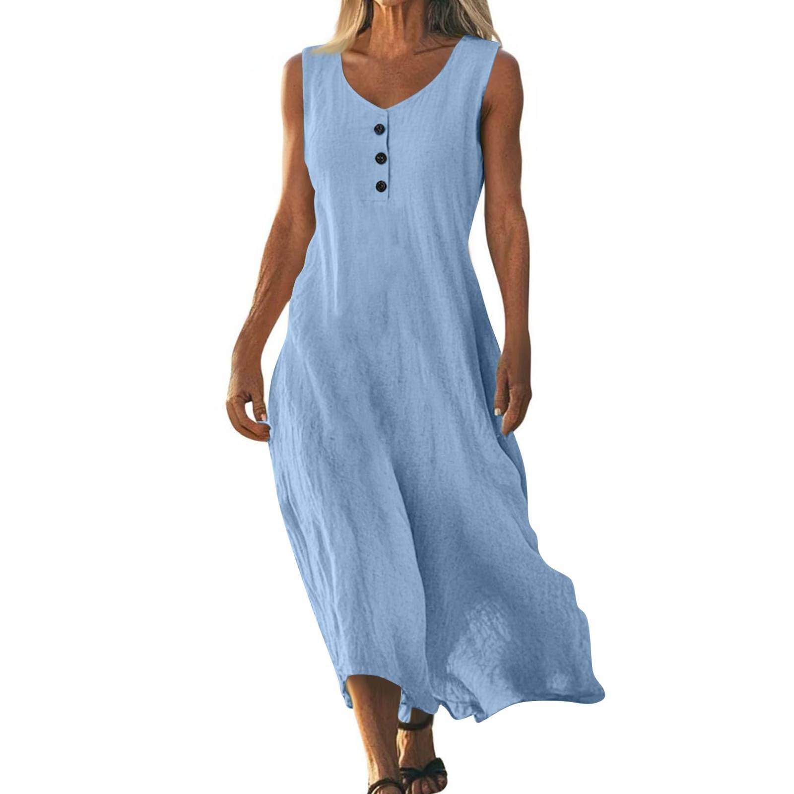 Linen Dresses for Women 2025 Summer Sleeveless Flowy Loose Maxi Sundress Beach Vacation Boat Neck Button Down Gauze Dress Short Sundresses for Women Over 50 Bohemain Cover Up Cotton Tank Dress