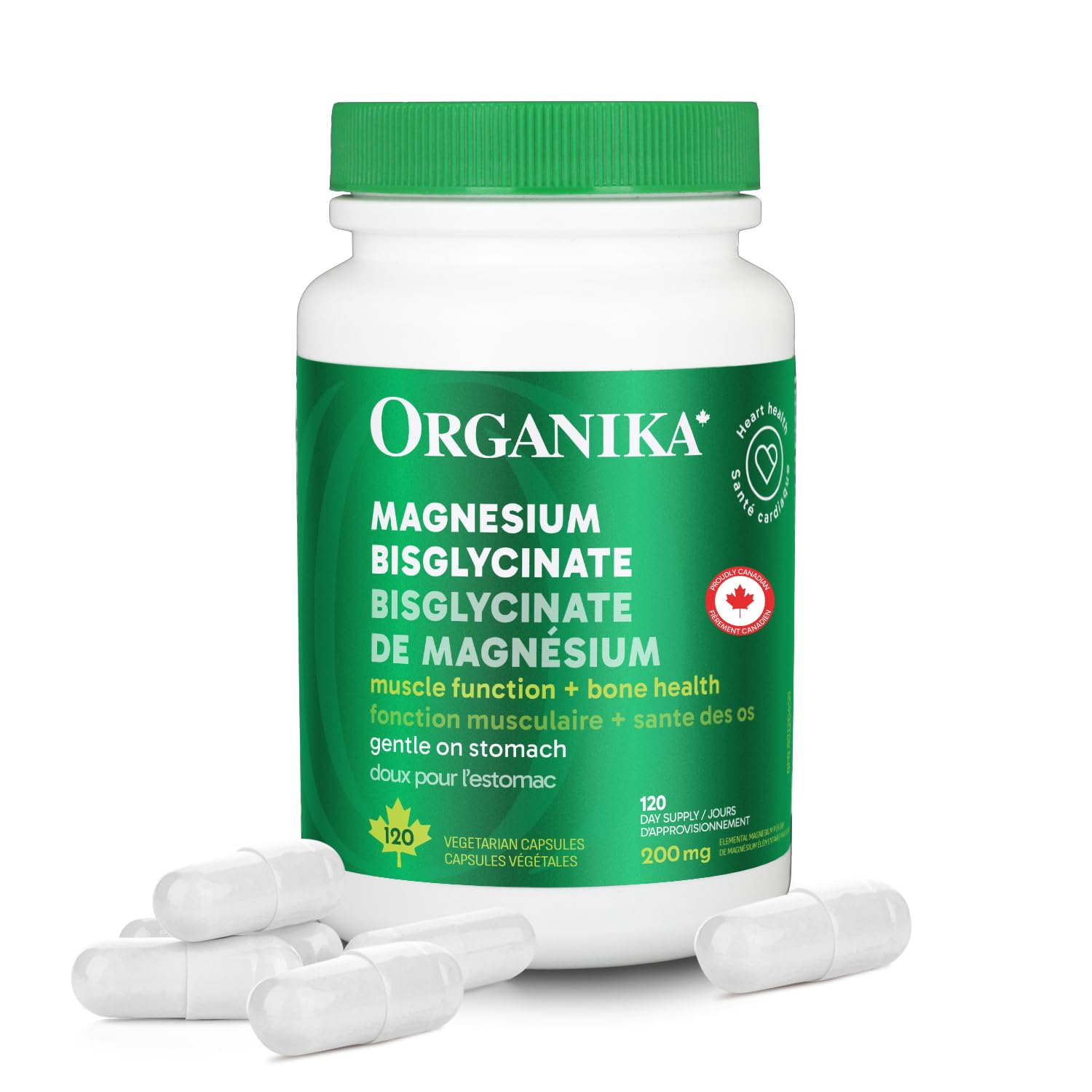 Organika Canadian-Made Magnesium Bisglycinate - 200mg, High Absorption, Muscle Recovery, Heart Support, 120vcaps