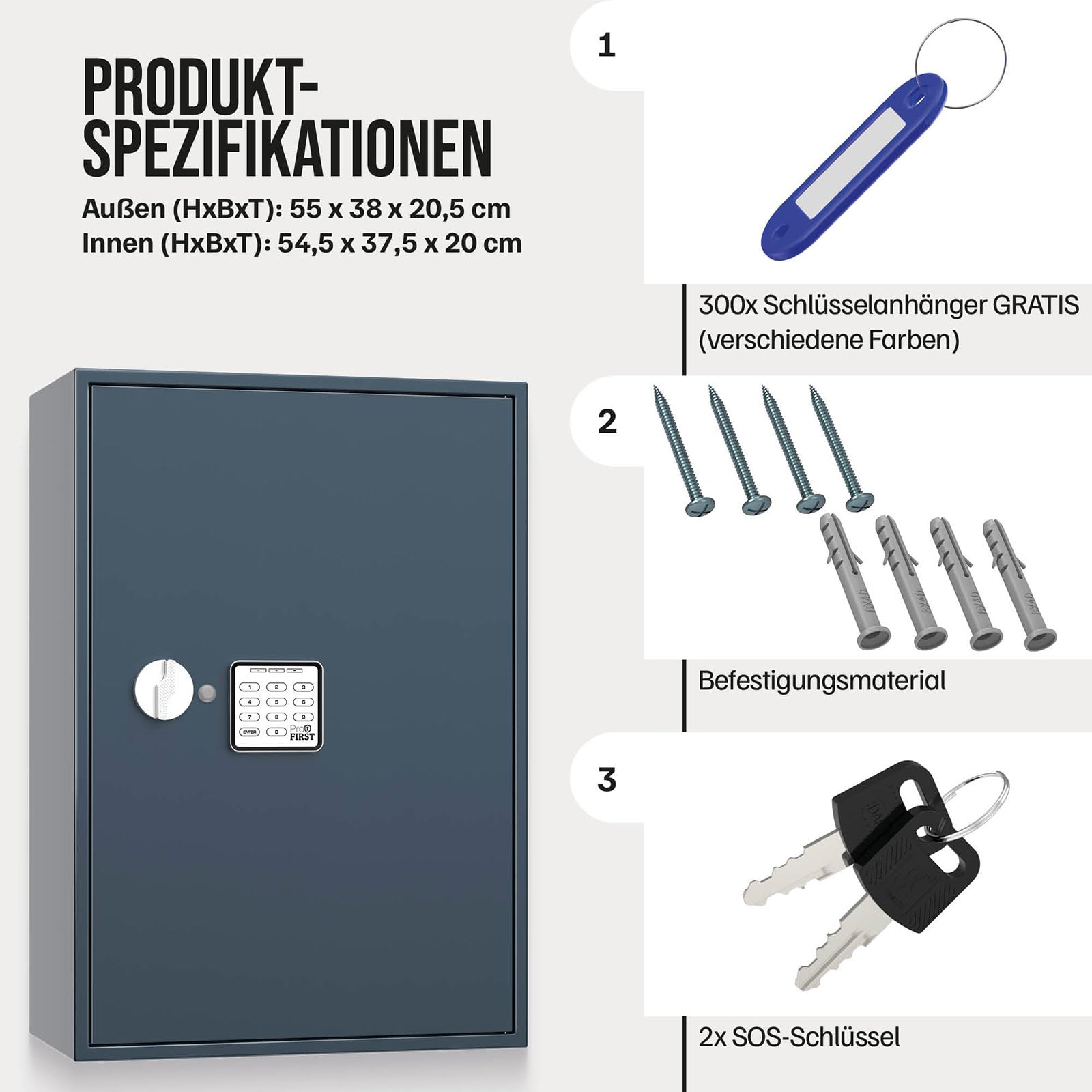 Profirst Armoire à clés Porter 300 Serrure électronique Ouverture d'urgence Acier Gris 15 Barres à Crochets réglables y Compris 300 Porte-clés GRATUITS Matériel de Fixation