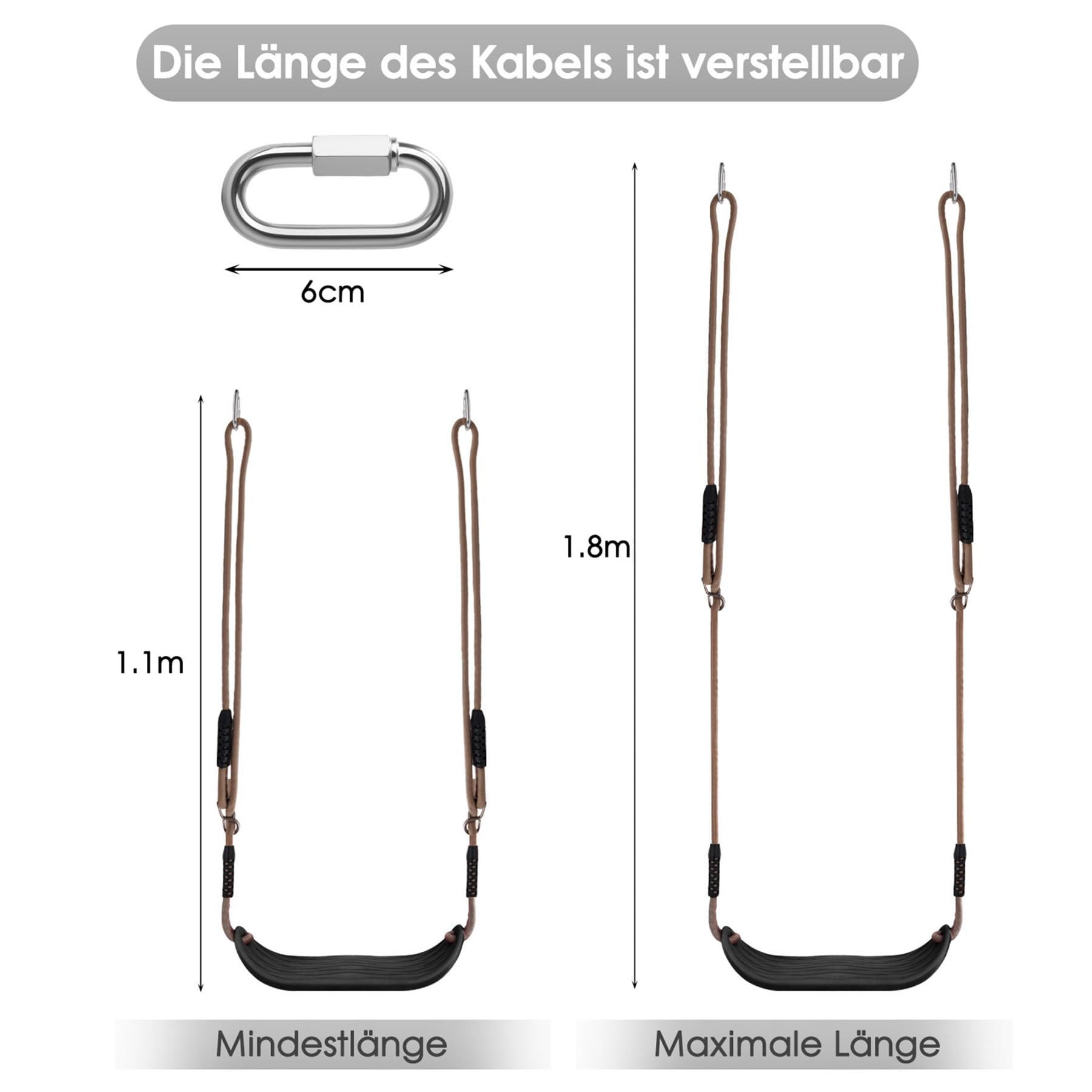 Kinderschaukel Outdoor Schaukelsitz mit verstellbarem 2m Seil und 2 Verschluss, Langlebige Schaukel für Garten und Indoor, Kinder, Tiefschwarz