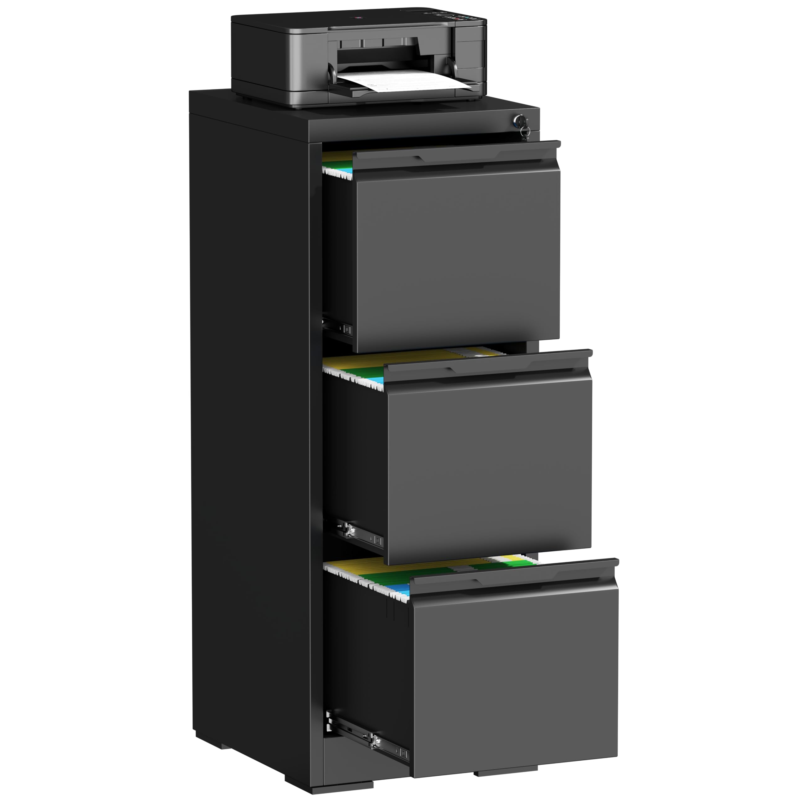 3 Drawer File Cabinet, Metal Vertical File Cabinets with Lock for Home Office, Locking File Cabinet Hanging Files for A4/ Legal/Letter, Assembly Required (Black, 3 Drawer - 15" W)