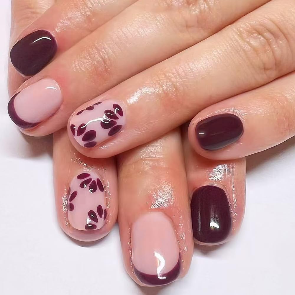 24Pcs Square Press on Nails Short Fake Nails with Brown Red Flower Designs Full Cover Glossy Acrylic False Nails Natural Fit French Tip Glue on Nails