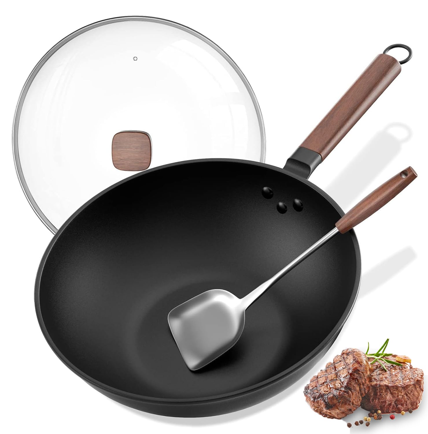 Wok en acier carbone 32cm avec couvercle et spatule pour plaque induction et gaz