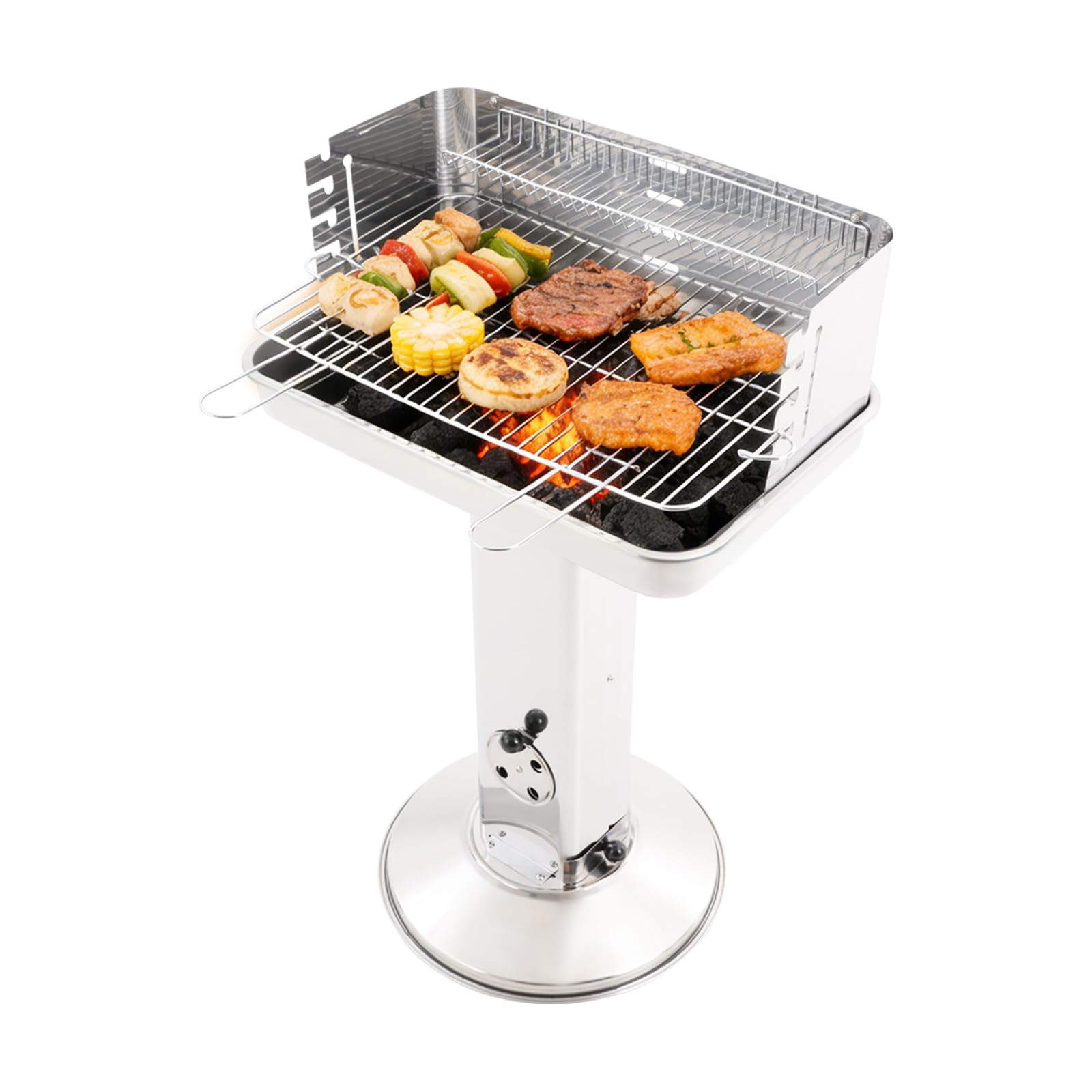 Grill na węgiel drzewny, grill kolumnowy ze stali nierdzewnej z rusztem do grillowania, 3/5-stopniowa regulacja wysokości i kosz do przechowywania, na kemping, do ogrodu, na balkon (48 x 48 cm