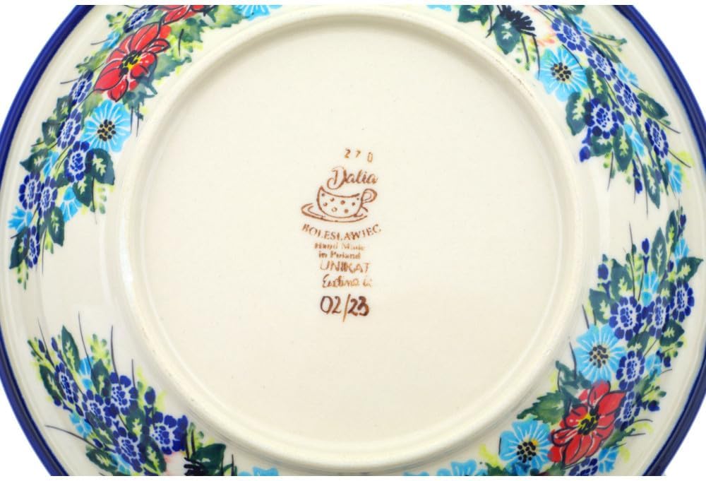 Polmedia Polish Pottery Authentic Polish Pottery Pasta Bowl 9"" Signature UNIKAT in Royal Meadow Design Handmade in Bolesławiec Poland by Ceramika Dalia + Certificate of Authenticity