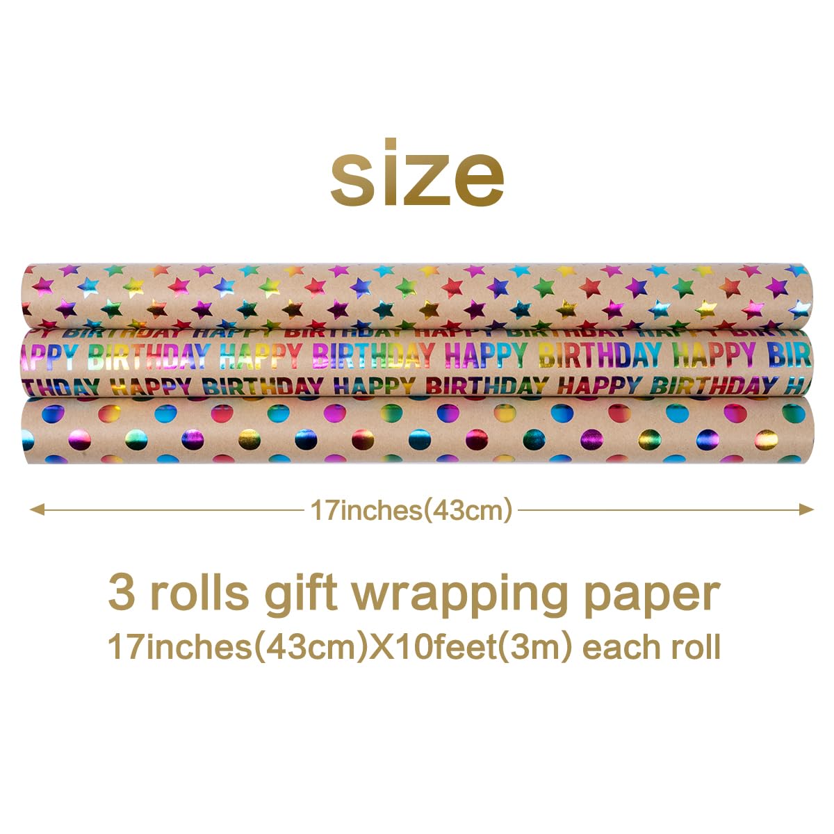 3 rollos de papel para envolver regalos de cumpleaños, 43 cm x 3 m, reciclable, con estampado de lunares y estrellas "Feliz Cumpleaños", ideal para cumpleaños, fiestas, bodas y festivales