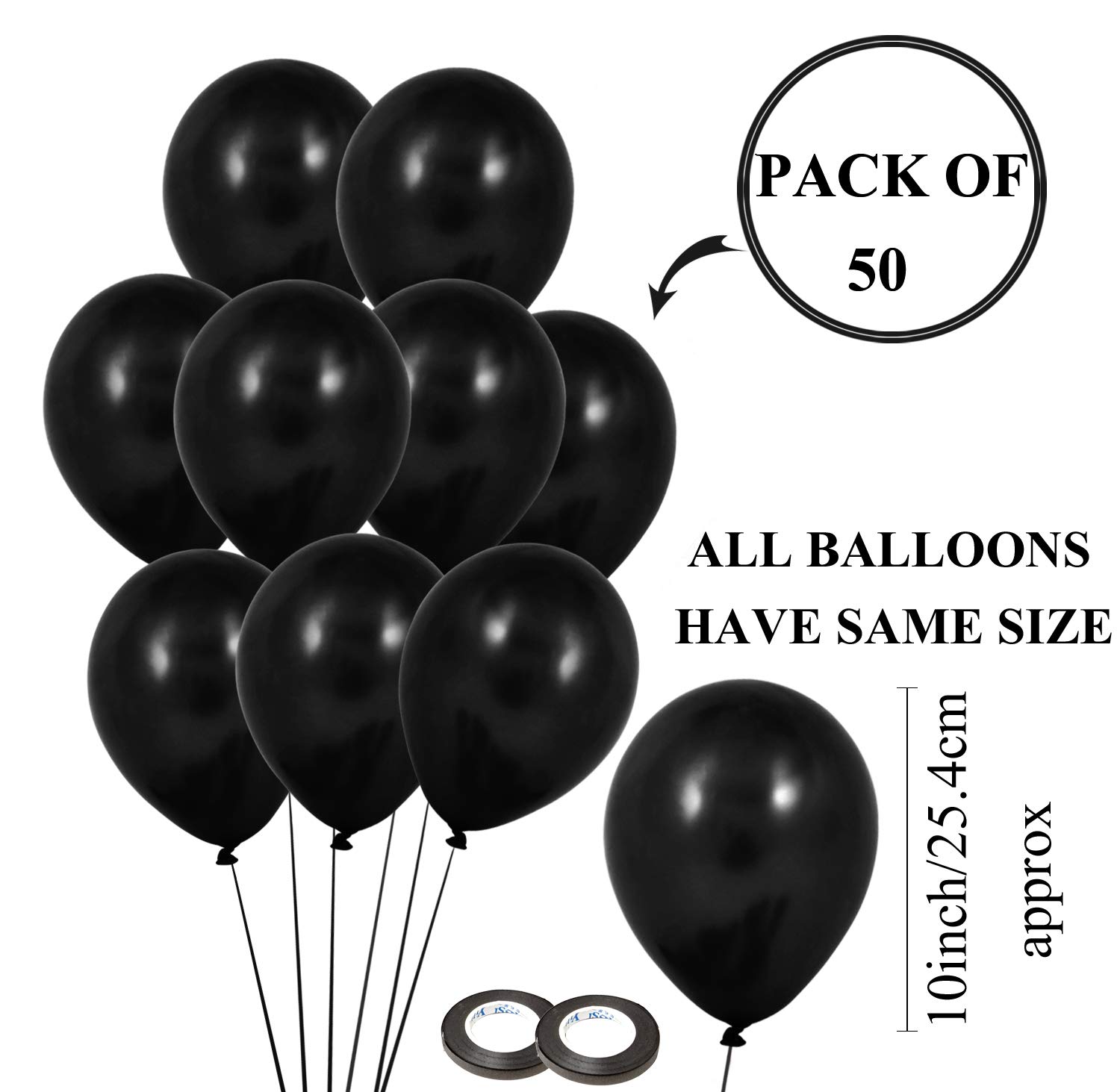 AMFIN® 10 Inch (Pack of 50) Black Metallic Balloons with Curling Ribbon for Engagement, Baby Shower, 1st Birthday, Anniversary Party, Bachelors, New Year Office Party, Diwali Decoration Balloon - Image 4 thumbnail