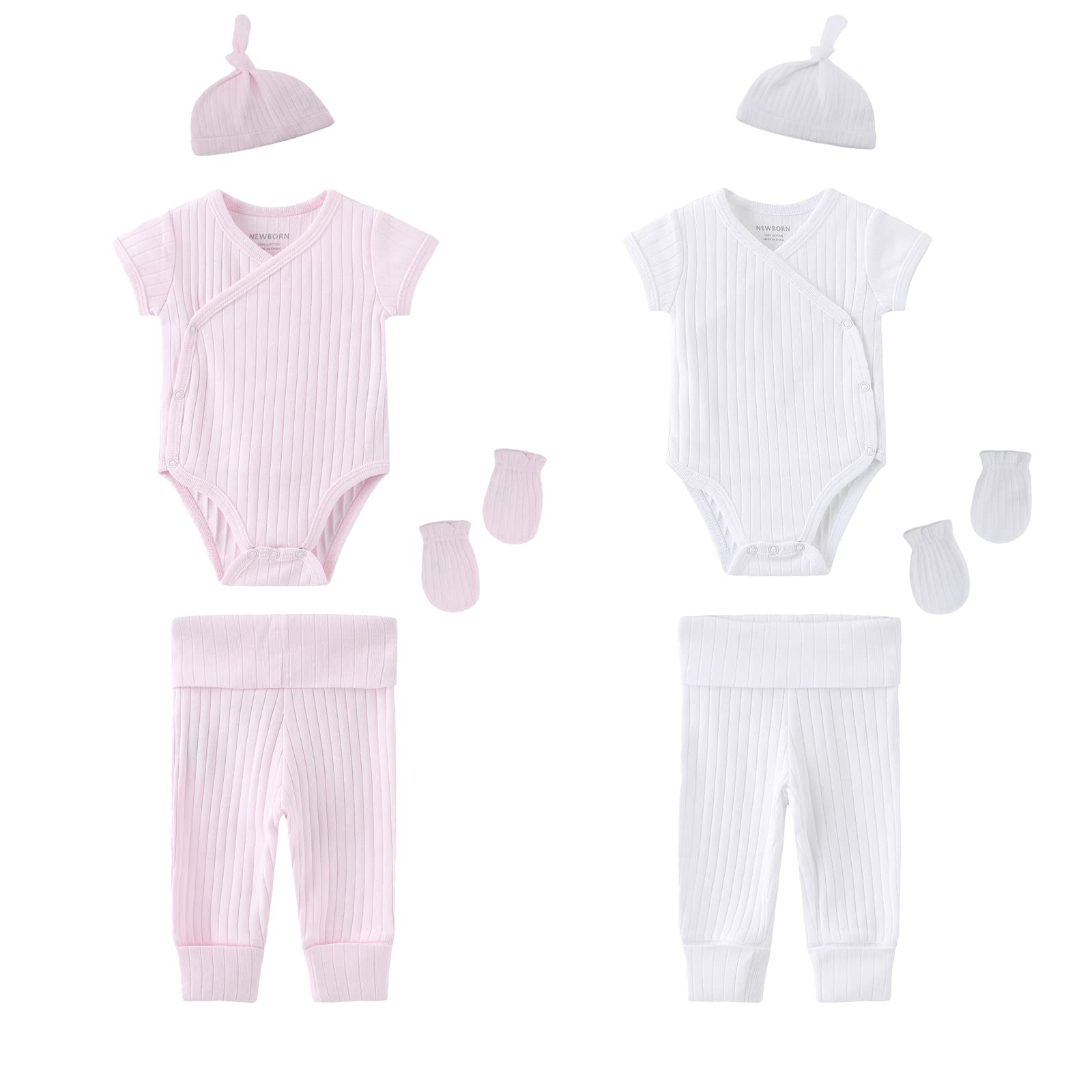 MAMIMAKA Newborn Infant Baby Boy Girl Solid Color Bodysuits Short Sleeve, Pants,Caps and Scratch Mittens 100% Cotton