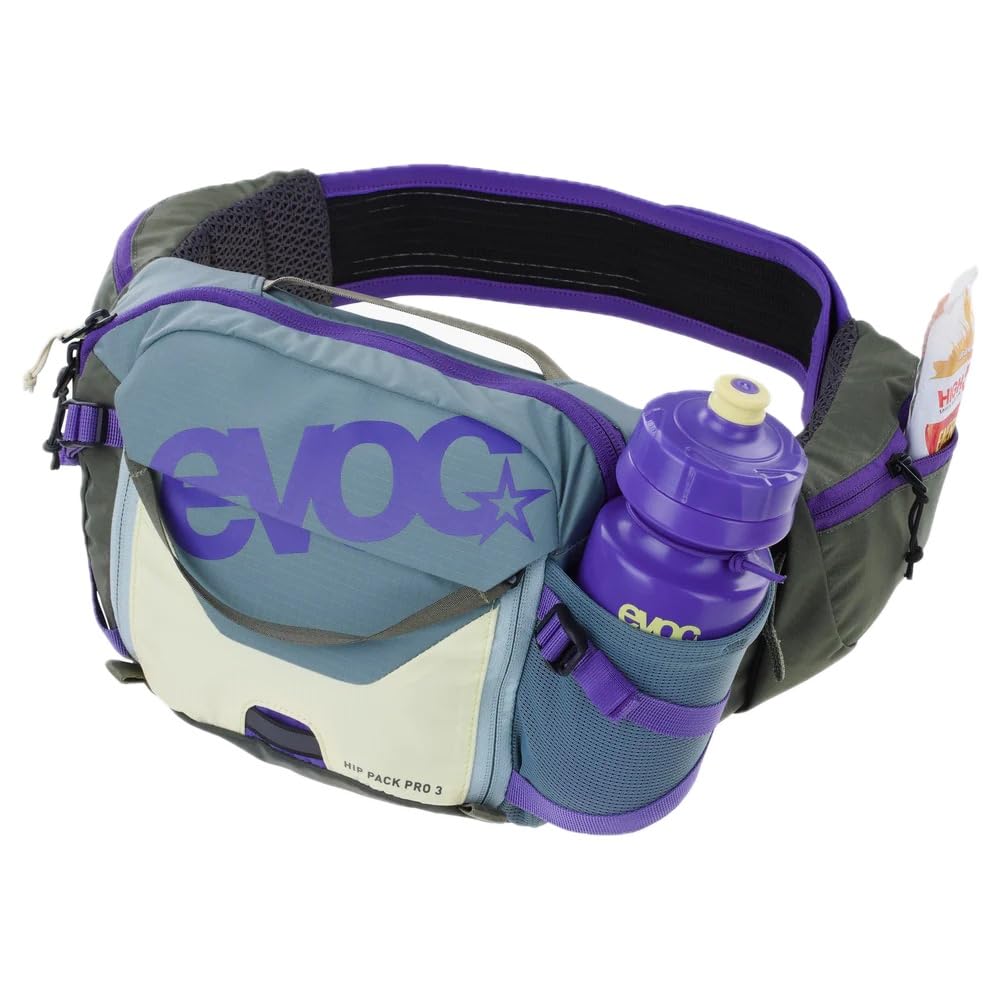 EVOC HIP PACK PRO 3 + HYDRATION BLADDER 1,5, torba biodrowa (AIR FLOW CONTACT SYSTEM, w zestawie bukłak o pojemności 1,5 l i uchwyt na butelkę, jeden rozmiar), stalowo-fioletowo-ciemnooliwkowa