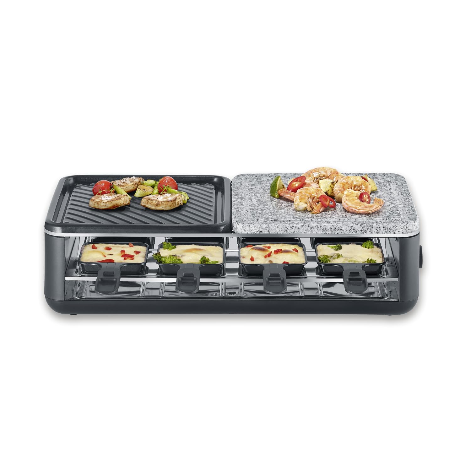 SEVERIN Raclette Grill, 1300W, 8 Padelline Antiaderenti Extra Profonde, Piastra Pietra Naturale e Ceramica, Temperatura Regolabile, 49,0 x 25,0 x 14,0 cm, Nero - RG 2366