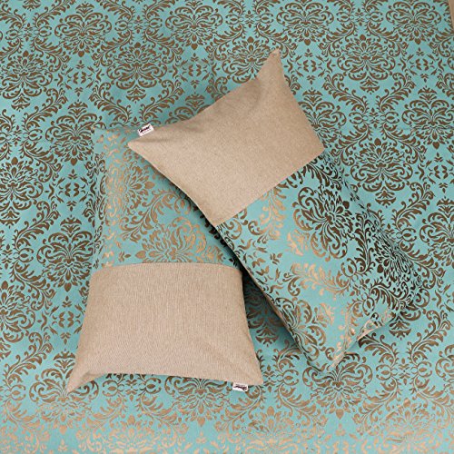 Image of Self Design Cotton Jacquard bedcover for Double Bed with 2 Pillow Covers (Turquoise)