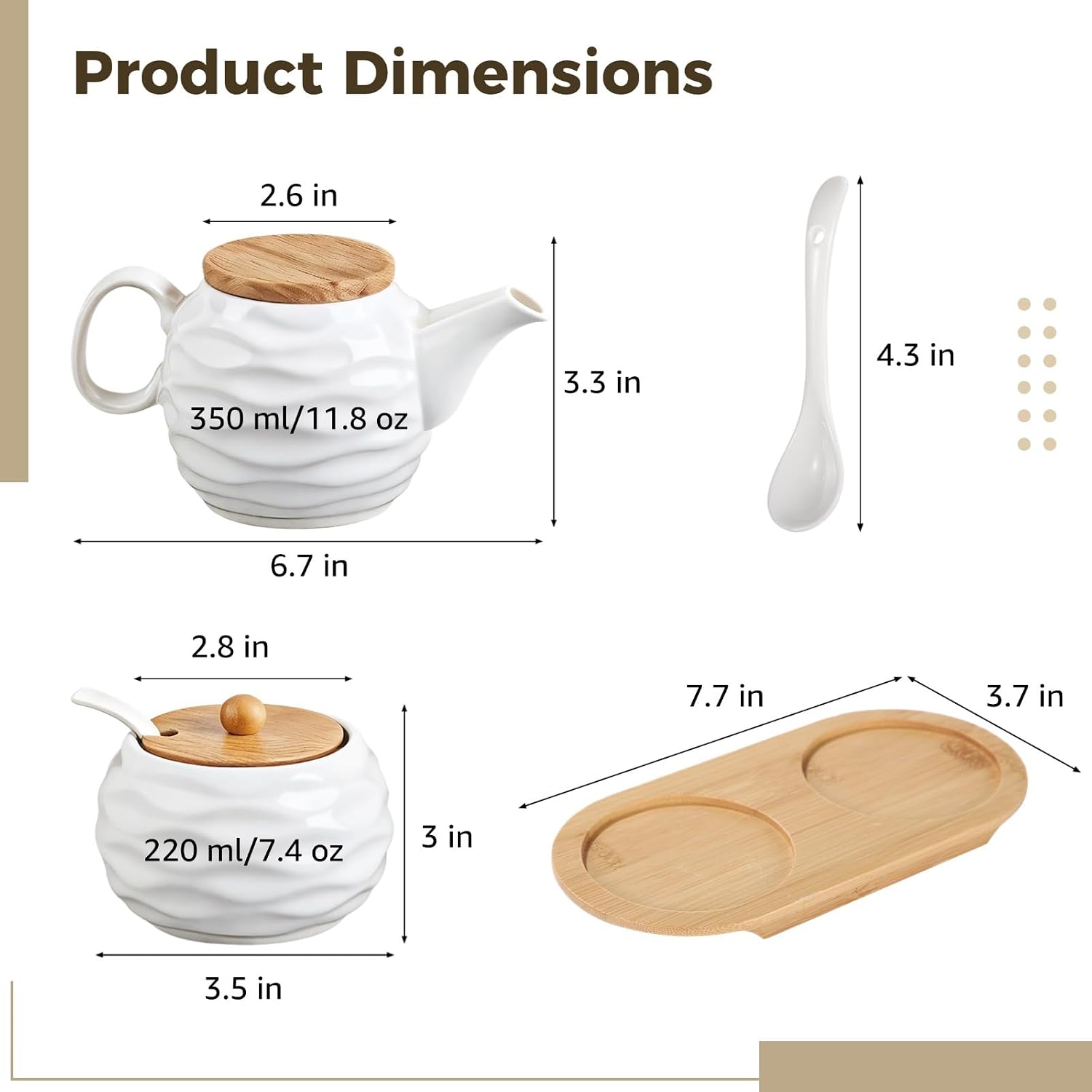 Ceramic Sugar and Creamer Set, Includes 11.8 oz Creamer Pitcher and 7.4 oz Sugar Bowl, Coffee Bar Serving Set with Wooden Tray & Lid, Porcelain Spice Container Set for Home Kitchen