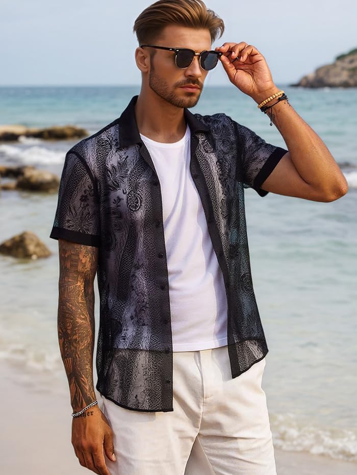 Men's Satin Floral Jacquard Shirt – Short Sleeve Button Down for Casual & Party Wear - Image 2