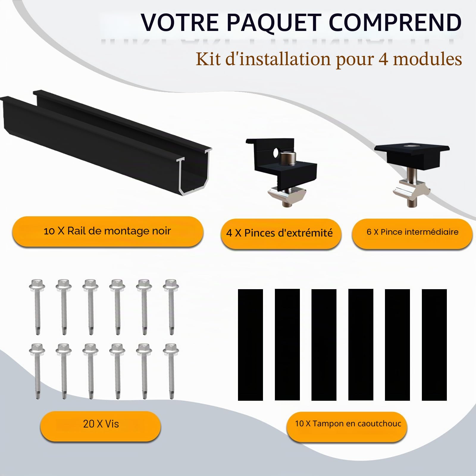 Support de panneau solaire pour 4 modules - Kit de montage PV - Rail noir de 12 cm + pince réglable pour modules de 30 à 35 mm d'épaisseur - Support de panneau solaire en aluminium - Tôle