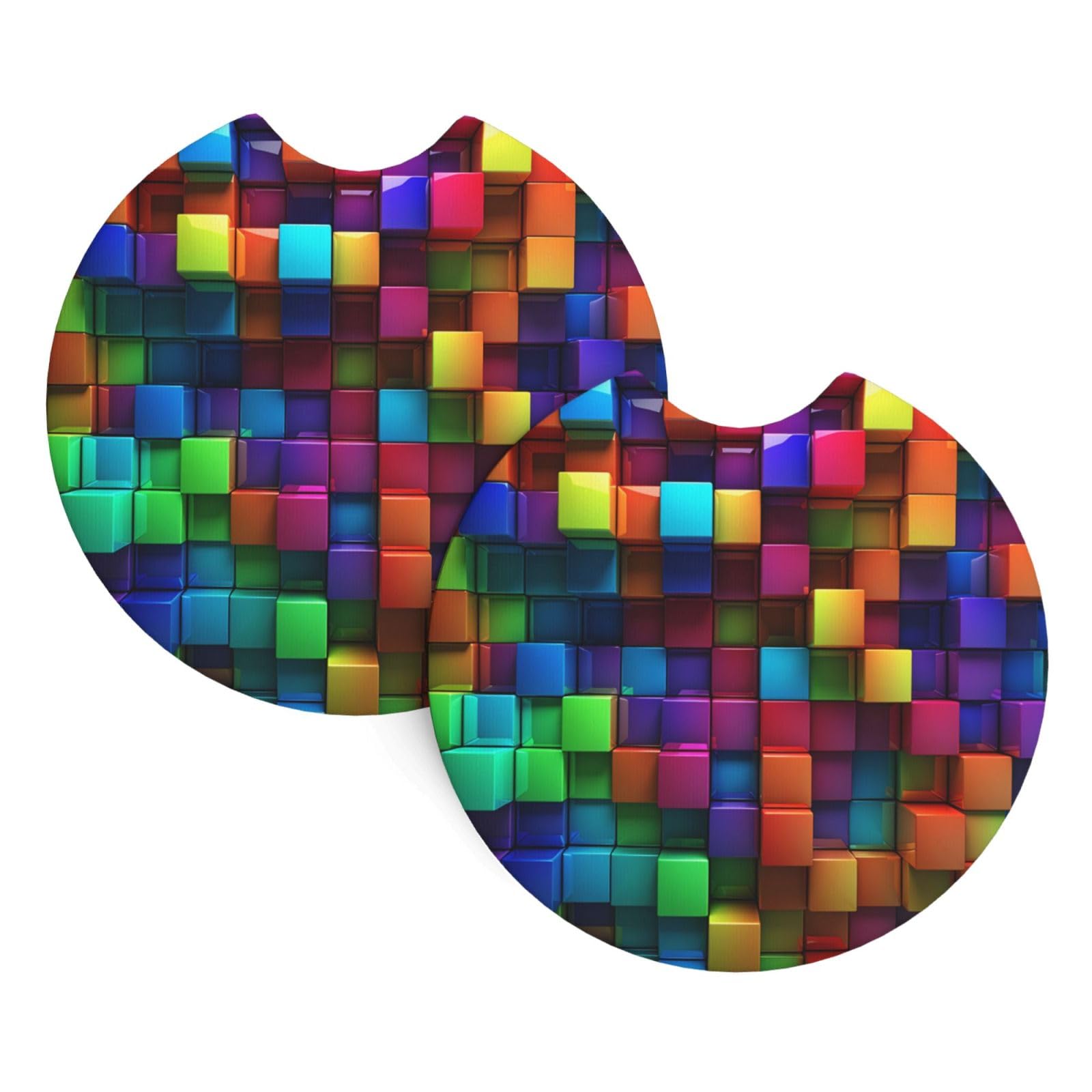 2PCS Car Coaster for Cup Holders Universal Auto Cup Mat Colorful Cubes Cup Coaster Pad 2.7" Waterproof Neoprene Non-Slip Cup Holder Coasters Car Interior Accessories for Women Men
