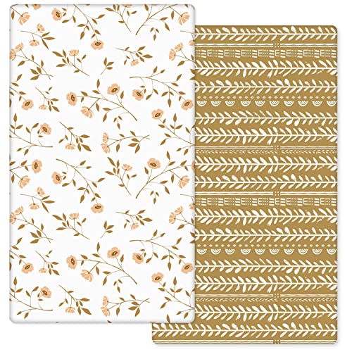 Image of Pack N Play Sheets, 2 Pack Portable Mini Crib Sheets, Soft Jersey Knit Playard Sheets, Play Mattress Covers for Baby Girl Boy, Retro Brown Flower
