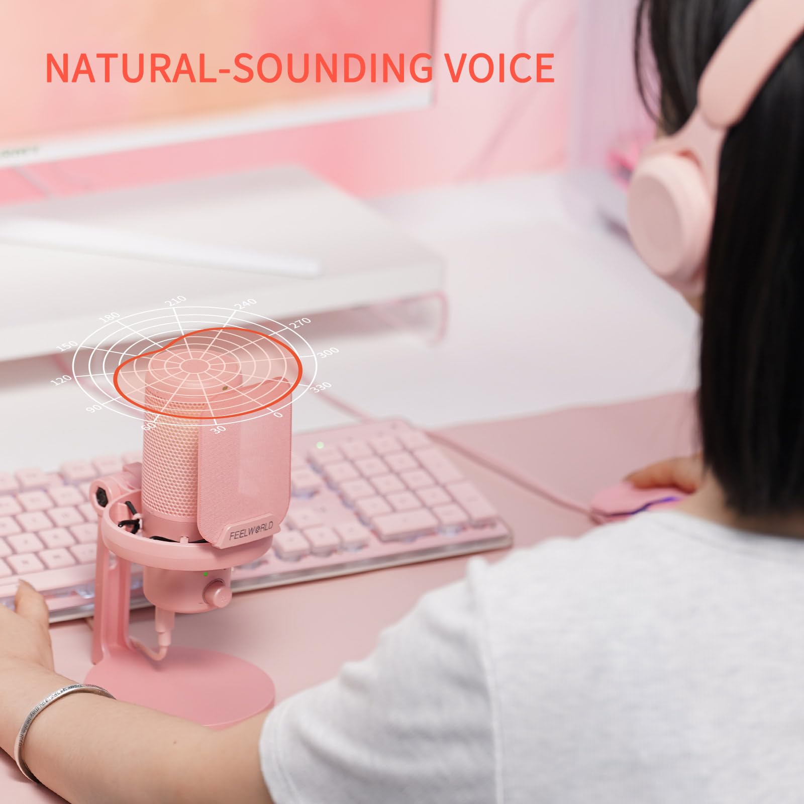 FEELWORLD VM1 Rosa Gaming PC USB Microfono a condensatore con cancellazione del rumore Mute RGB Light, Accessori per computer per Gamer YouTube Twitch Podcast Streaming Registrazione Online Chat