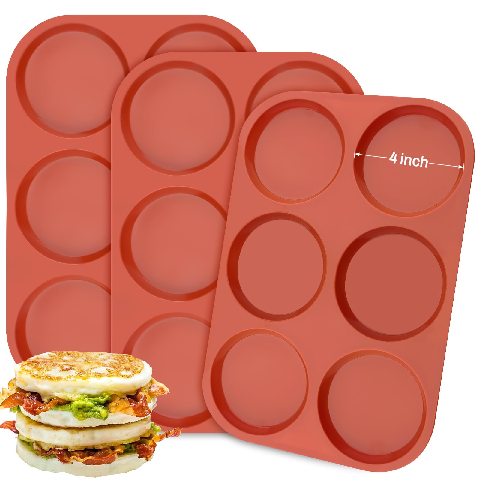 Ocmoiy Moldes de silicona para hornear magdalenas/huevos antiadherentes de 4 pulgadas, molde redondo de silicona para hamburguesas, magdalenas, huevos, 6 cavidades, paquete de 3