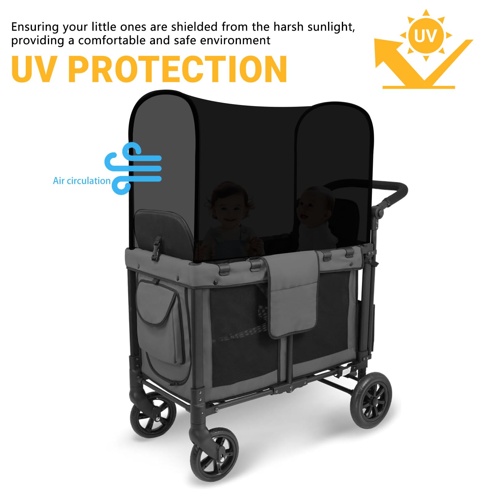 Toldo panorámico elástico compatible con vagones Wonderfold W2/W4 todos los modelos, parasol de tela UPF50+ y protección para ciclistas (negro)