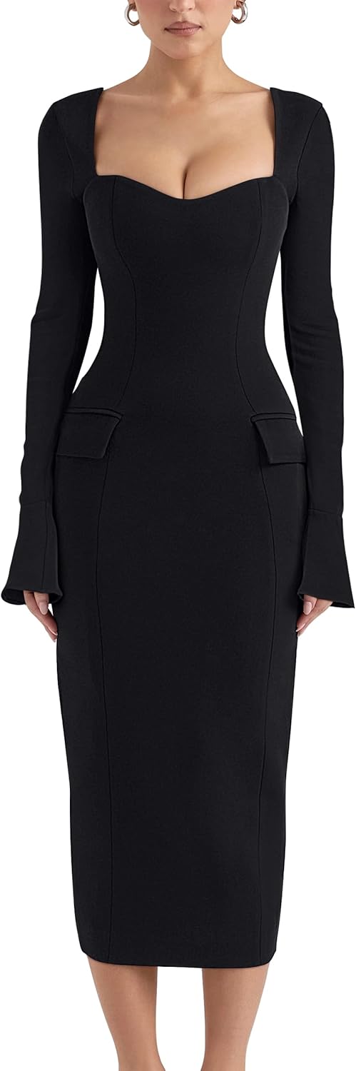 YMDUCH Women's Sexy Long Sleeve Sweetheart Neck Back Slit Bodycon Party Tight Midi Pencil Dress