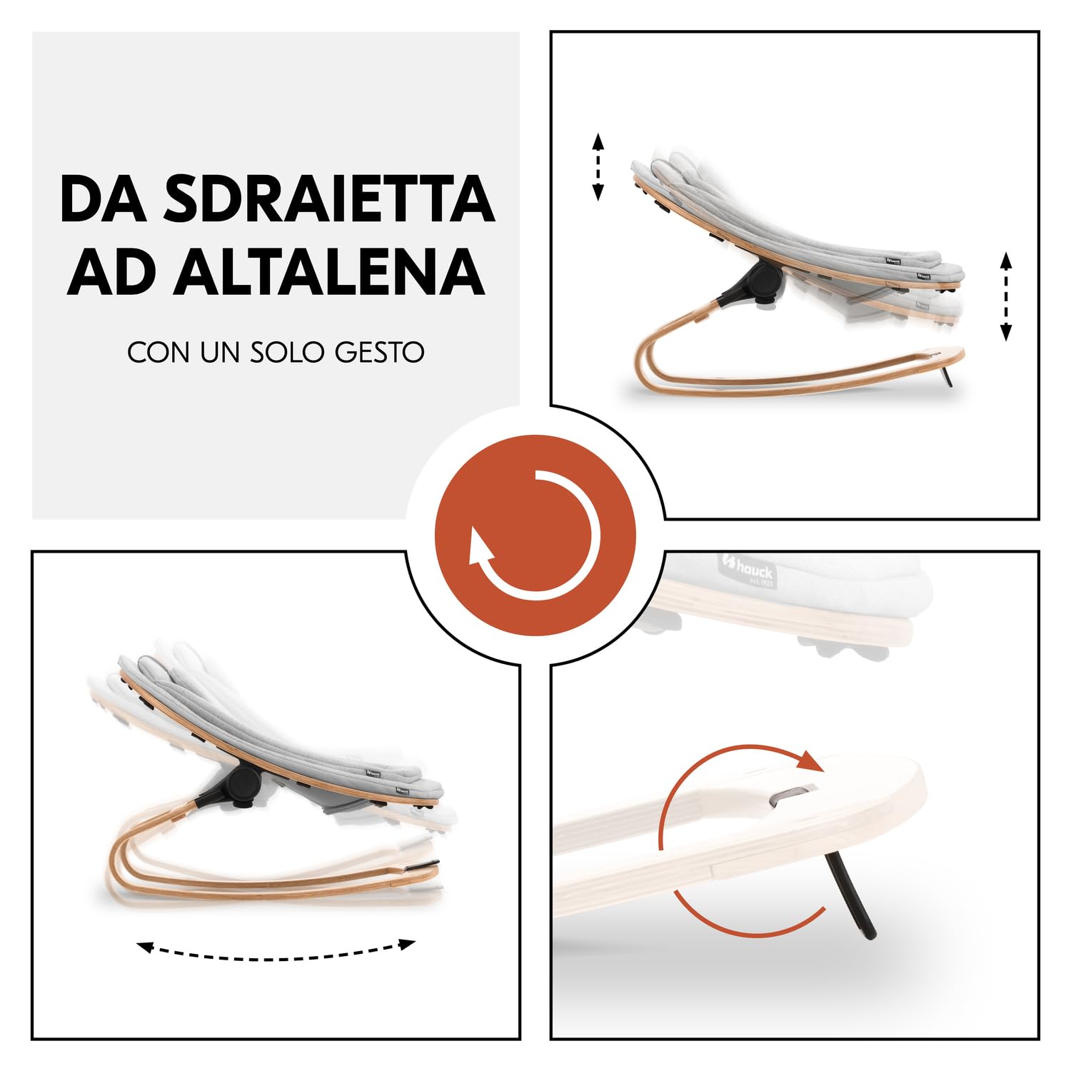hauck Highchair Bouncer Eco, Light Grey - Sdraietta Neonato con Funzione Pappa e Struttura a Dondolo in Legno, Ergonomica, Reclinabile - Adattatore per Seggiolone Pappa Alpha+ e Beta+ Incluso